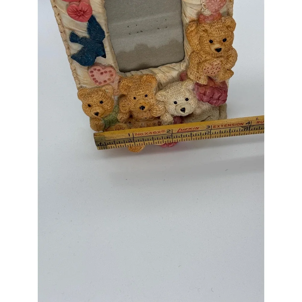 Vintage Fancy Frames 3D Resin Teddy Bear Picture Frame 1990s Heart Bird Detail